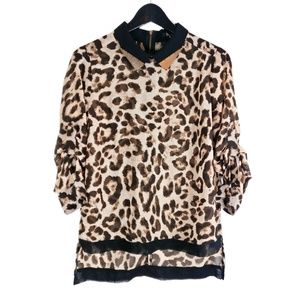 Semi Sheer Leopard Print Metal Detail Blouse